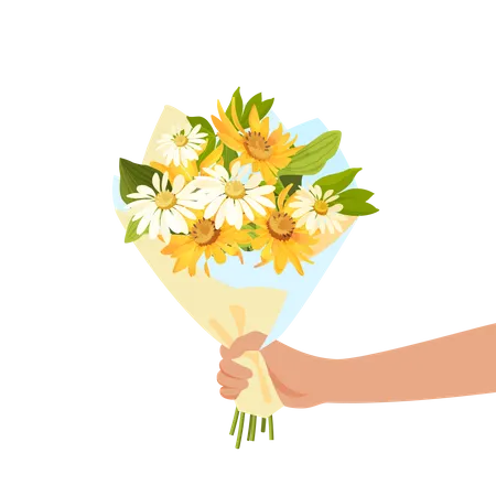 Mão ou pessoa dando lindo buquê de flores  Ilustração