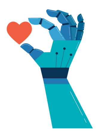 Mão robótica com coração vermelho  Ilustração