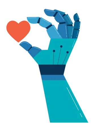 Mão robótica com coração vermelho  Ilustração