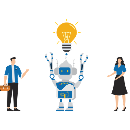 Mão robótica mostrando ideia de lâmpada para empresários  Ilustração