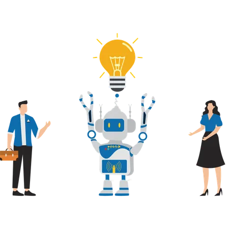 Mão robótica mostrando ideia de lâmpada para empresários  Ilustração