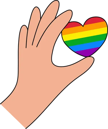 A mão segura o arco-íris da bandeira LGBT do coração  Ilustração