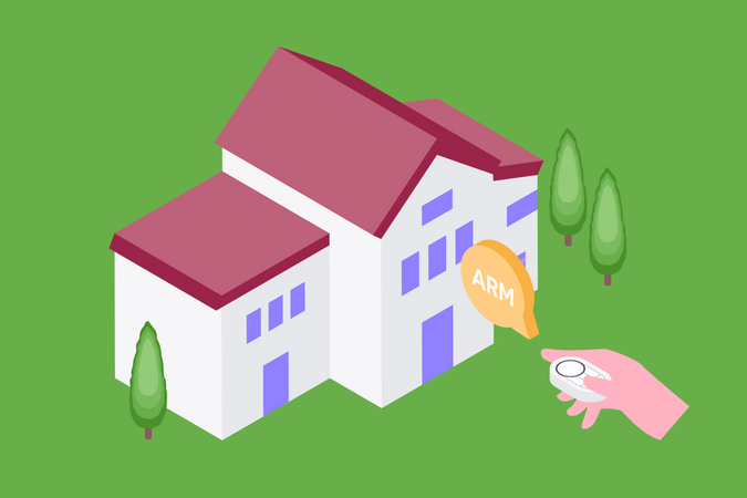 Mão segurando dispositivo inteligente para controlar casa inteligente  Ilustração