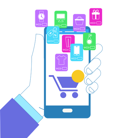Mão segurando o smartphone com carrinho de compras e produtos de compras  Ilustração