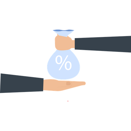 Mão segurando uma bolsa de dinheiro com símbolo de porcentagem  Ilustração