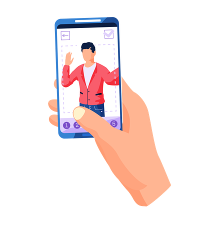 Mão segurando telefone com filtros para interface de tela de selfie moldura de foto com homem acenando com a mão  Ilustração