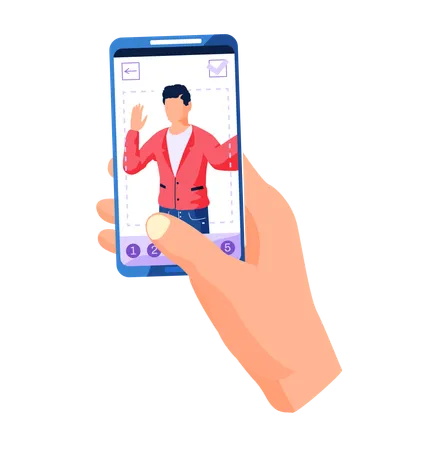 Mão segurando telefone com filtros para interface de tela de selfie moldura de foto com homem acenando com a mão  Ilustração