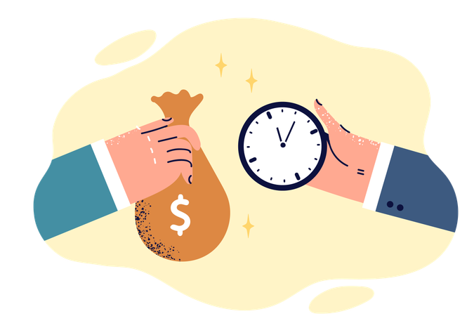 Mãos de pessoas com saco de dinheiro e relógio como metáfora para troca de tempo por salário  Ilustração
