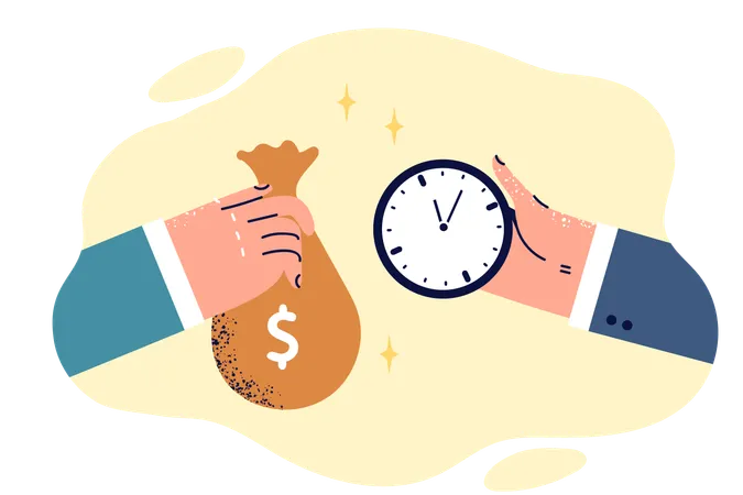 Mãos de pessoas com saco de dinheiro e relógio como metáfora para troca de tempo por salário  Ilustração