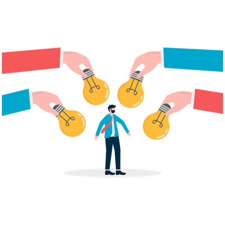 Mãos de empresário segurando lâmpada enquanto empresário escolhe ideia de negócio  Ilustração