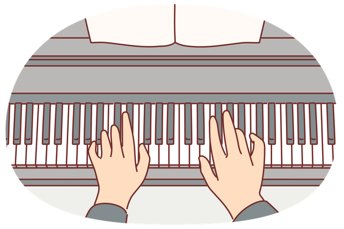 Mãos de pianista tocando composição clássica no piano durante concerto sinfônico na casa de ópera  Ilustração