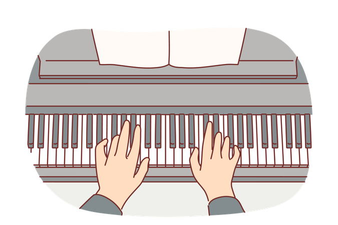 Mãos de pianista tocando composição clássica no piano  Ilustração