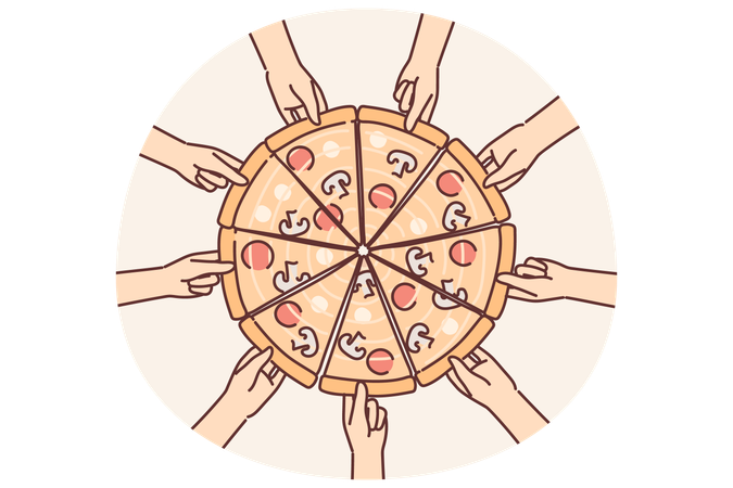 Mãos se estendem em direção à pizza para pegar um pedaço do delicioso lanche italiano com queijo e calabresa  Ilustração