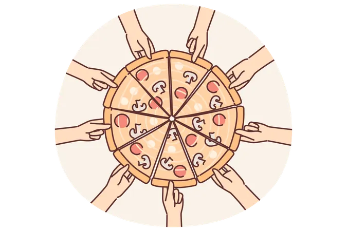 Mãos se estendem em direção à pizza para pegar um pedaço do delicioso lanche italiano com queijo e calabresa  Ilustração