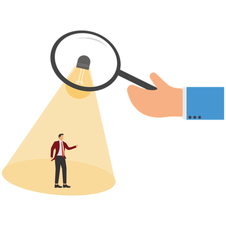 Mãos grandes com lupa contratando e recrutando funcionários  Ilustração