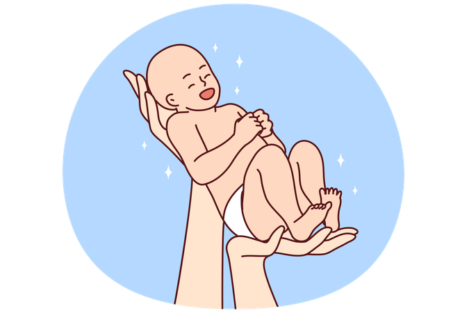 Mãos segurando bebê recém-nascido  Ilustração