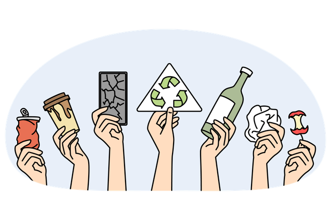 Mãos segurando lixo e resíduos para reciclagem  Ilustração