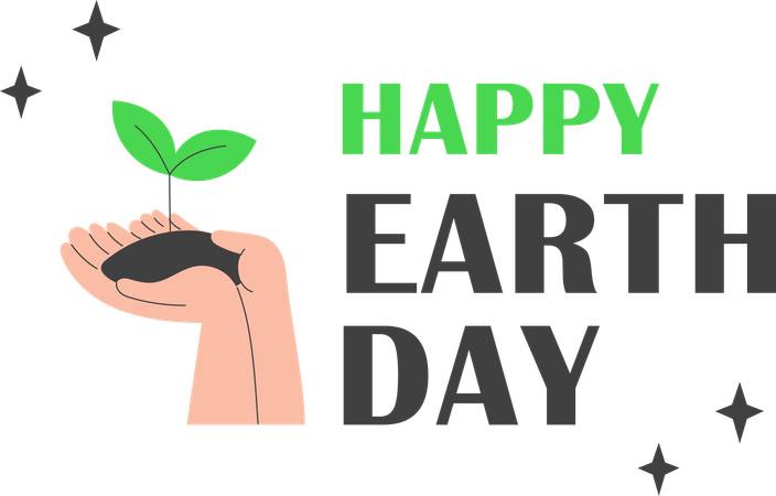 Mãos segurando terra com uma muda crescendo e o texto "Feliz Dia da Terra"  Ilustração
