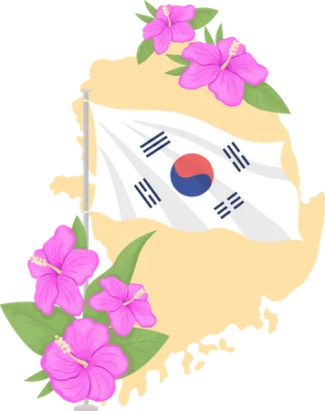 Map of Korea and hibiscus flowers  Illustration