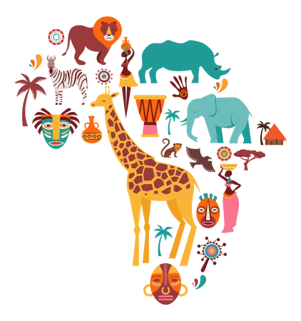 Mapa africano con animales.  Ilustración