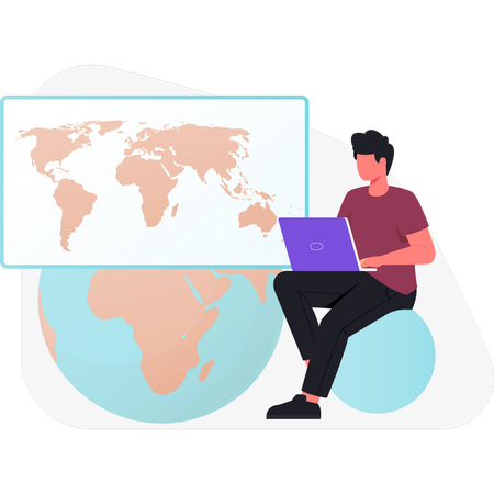 Niño mirando un mapa en una computadora portátil  Ilustración