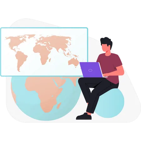 Niño mirando un mapa en una computadora portátil  Ilustración