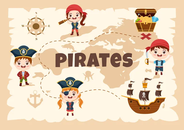 Ilustracao De Personagem De Desenho Animado Pirata Com Mapa Do Tesouro Roda De Madeira Baus Papagaio Pirata Navio Bandeira E Jolly Roger Em Estilo De Icone Plano Ilustração