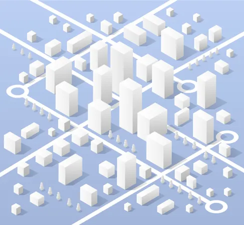 Mapa Isometrico De La Ciudad Compuesto Por Rascacielos De Las Calles De La Ciudad Y Transporte Por Carretera En Blanco Ilustración