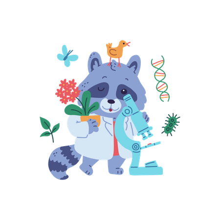 Lindo mapache científico con microscopio  Ilustración