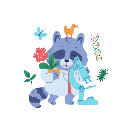 Lindo mapache científico con microscopio  Ilustración