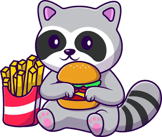 Mapache comiendo hamburguesa y papas fritas  Ilustración