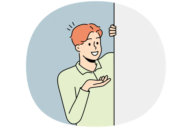 Hombre sonriente mira detrás de un cartel de maqueta  Ilustración