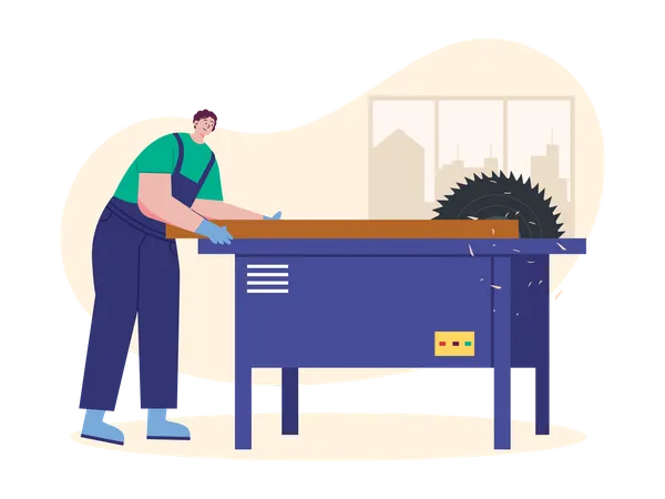 Carpinteiro cortando madeira na máquina de serrar  Ilustração