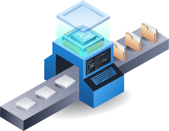 Máquina de inteligência artificial processando dados  Ilustração