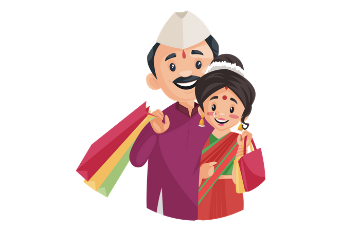 Marathi couple is holding shopping bags in hands Illustration