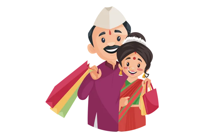 Marathi couple is holding shopping bags in hands  Illustration