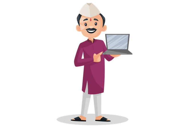 Marathi man holding laptop in his hand  Illustration