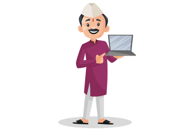 Marathi man holding laptop in his hand Illustration