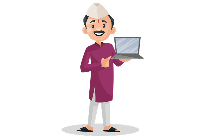 Marathi man holding laptop in his hand  Illustration