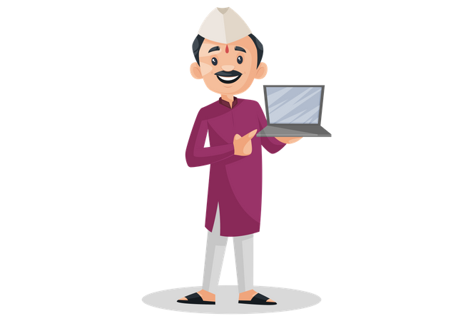 Homme marathi tenant un ordinateur portable à la main  Illustration