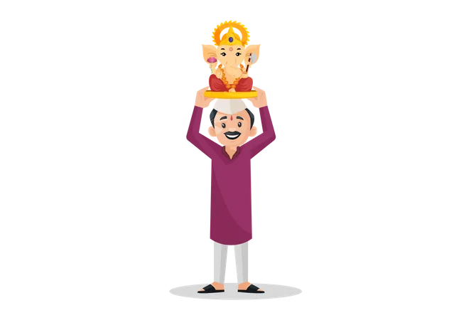 Marathi man is holding Lord Ganesh idol on his head  Illustration