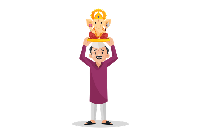 Marathi man is holding Lord Ganesh idol on his head  Illustration