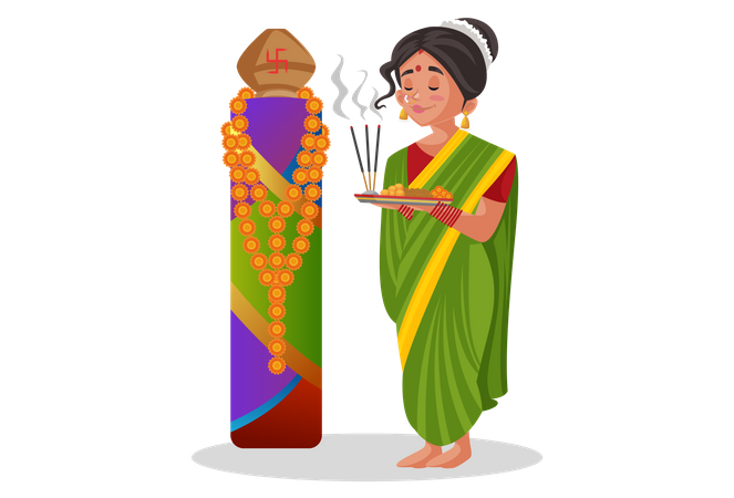 Marathi woman doing worshiping with Puja thali  Illustration