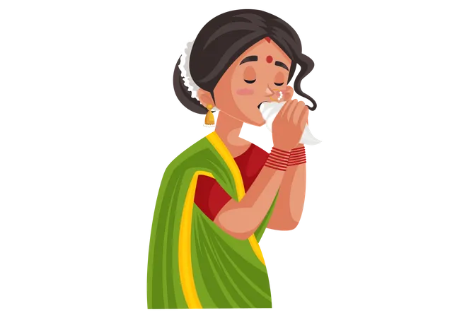 Marathi woman is blowing conch shell  Illustration