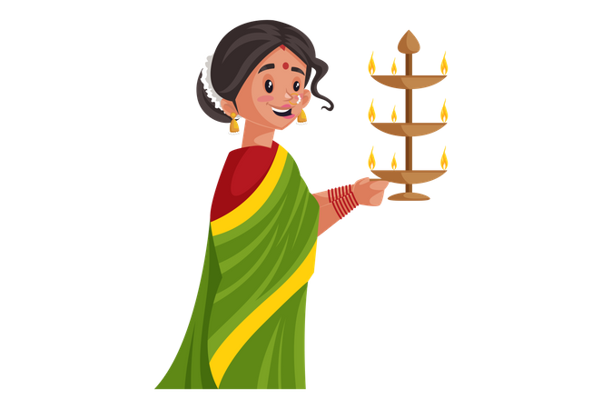 Marathi woman is holding brass aarti lamp in her hands Illustration