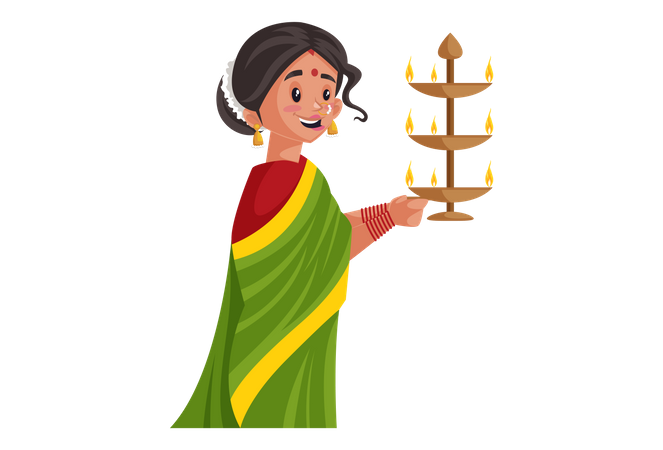 Marathi woman is holding brass aarti lamp in her hands  Illustration