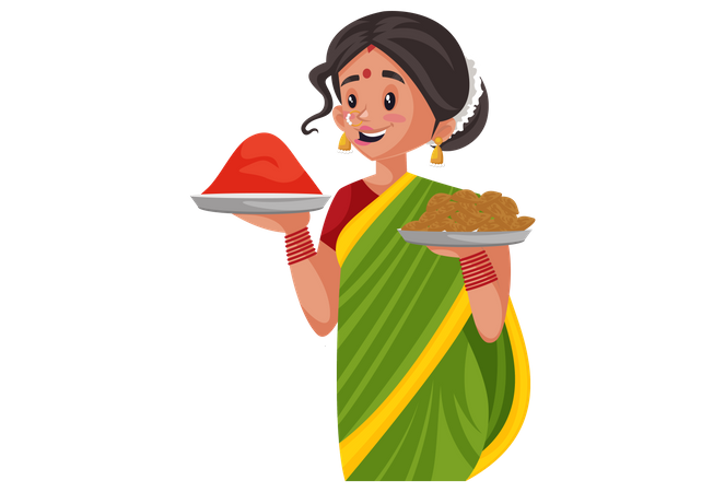 Marathi woman is holding sweets and color plate in her hands  Illustration