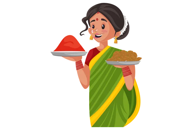 Marathi woman is holding sweets and color plate in her hands  Illustration