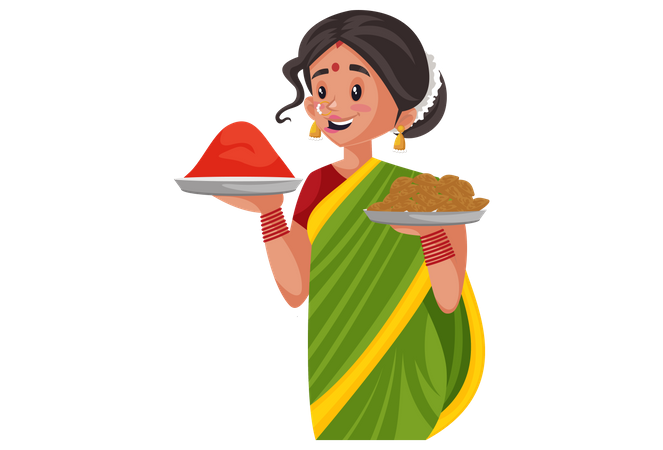 Une femme marathi tient des bonbons et une assiette de couleur dans ses mains  Illustration