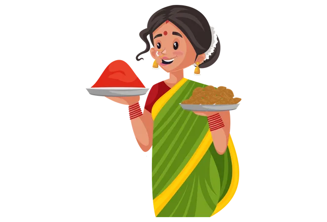 Une femme marathi tient des bonbons et une assiette de couleur dans ses mains  Illustration